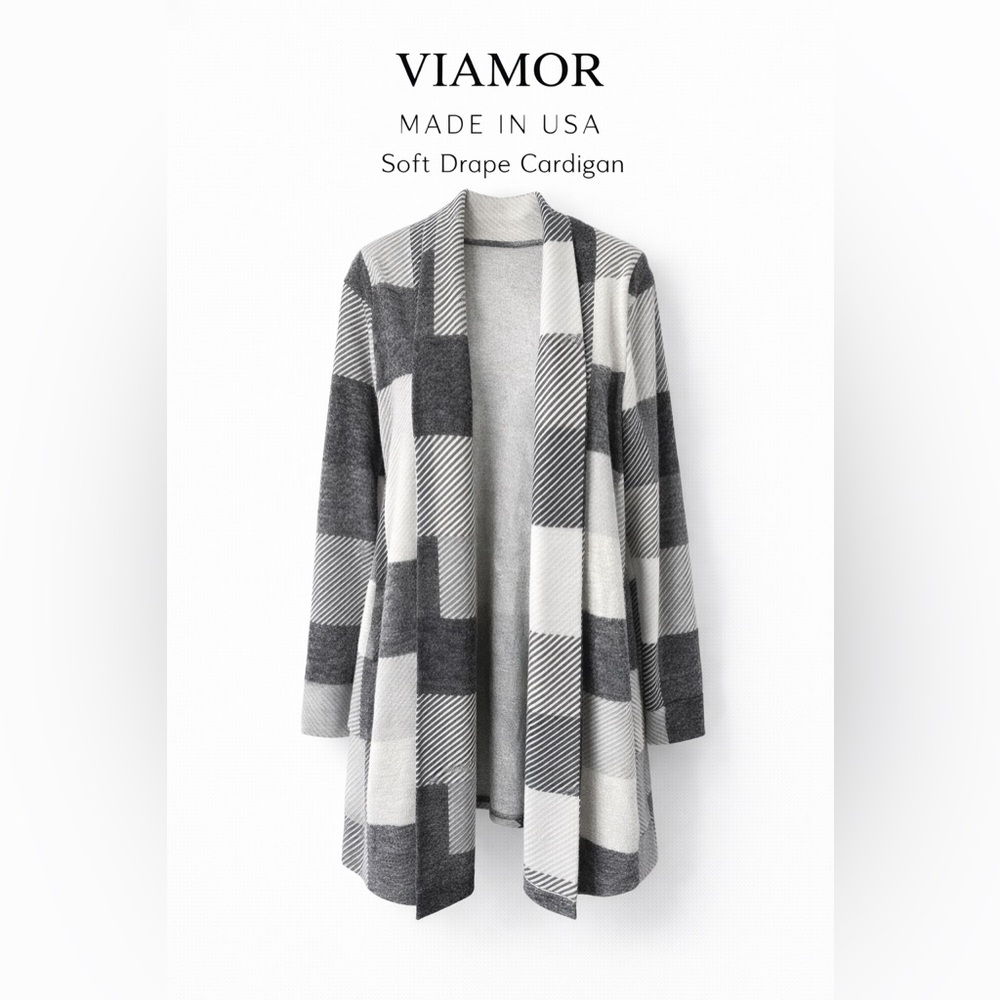 Viamor Open-Front Soft Drape Cardigan — Gray & White Plaid
